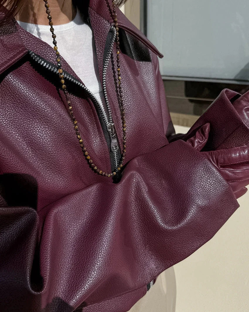 Women's burgundy cropped matte biker jacket with front zip for layering