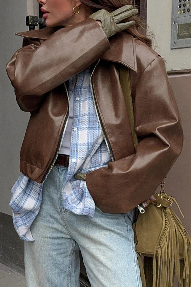 Women's brown cropped matte biker jacket with front zip for layering
