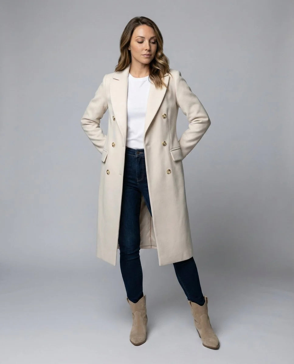 Women's black double-breasted longline coat with button detail