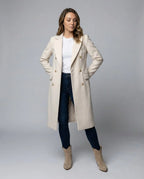 Women's black double-breasted longline coat with button detail