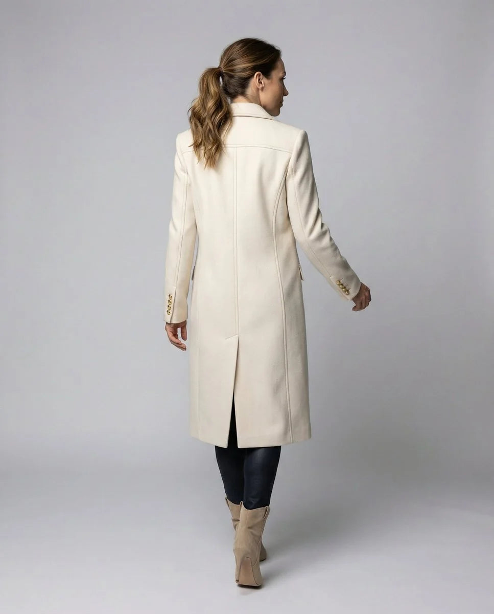 Women's black double-breasted longline coat with button detail