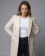 Women's black double-breasted longline coat with button detail