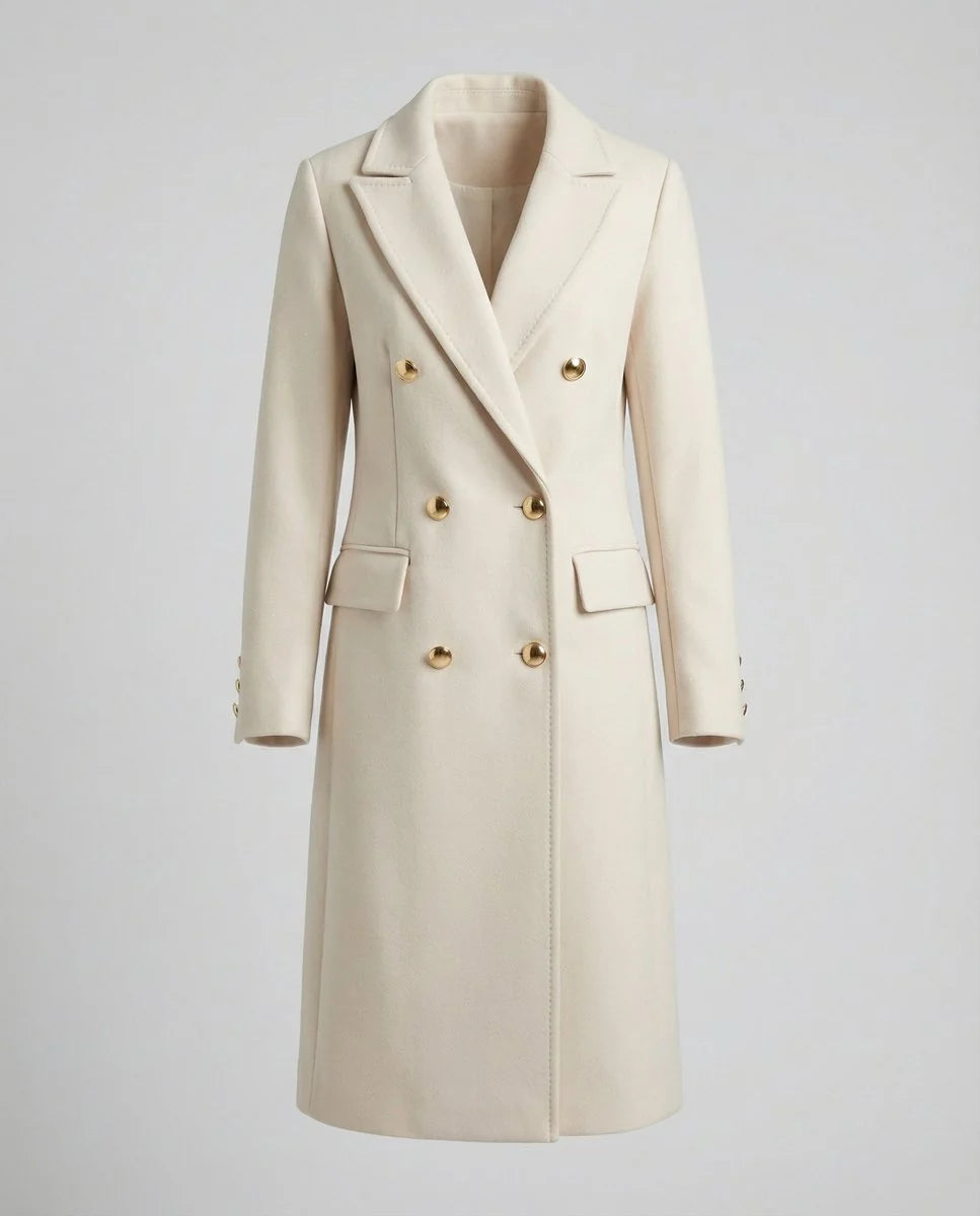 Women's khaki double-breasted longline coat with button detail