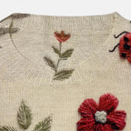Women's beige embroidered floral knit sweater, collar detail