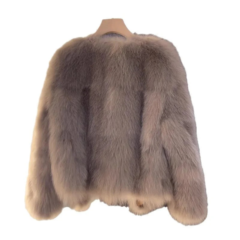 Women's beige faux fur jacket with buckle detail for autumn wear