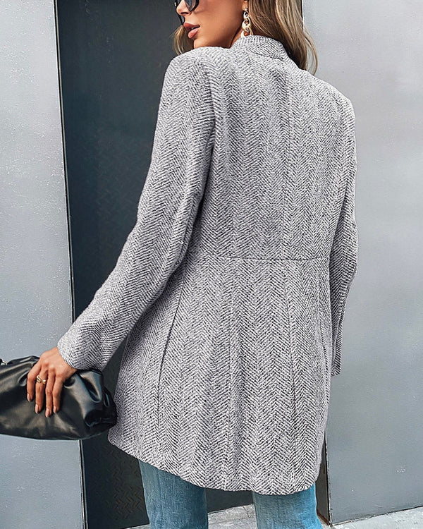 Women's grey herringbone longline blazer with notch lapel for layering