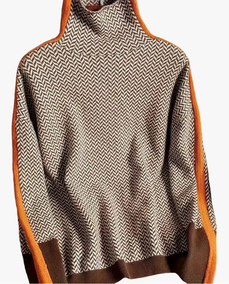 Women's orange herringbone turtleneck jumper for everyday winter wear