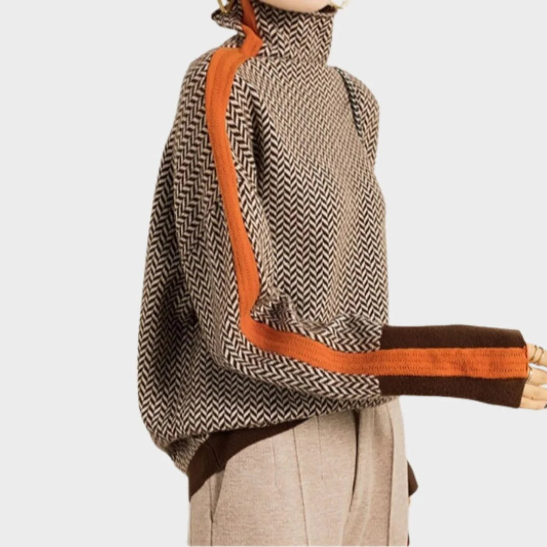 Women's orange herringbone turtleneck jumper for everyday winter wear