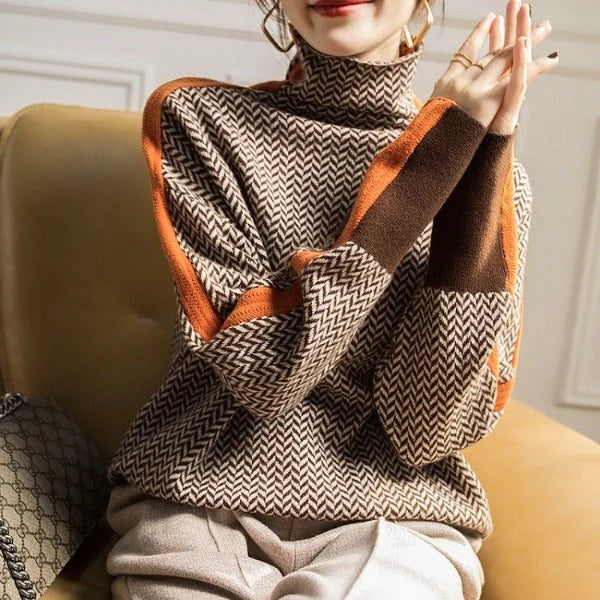 Women's orange herringbone turtleneck jumper for everyday winter wear