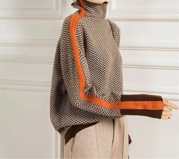 Women's orange herringbone turtleneck jumper for everyday winter wear