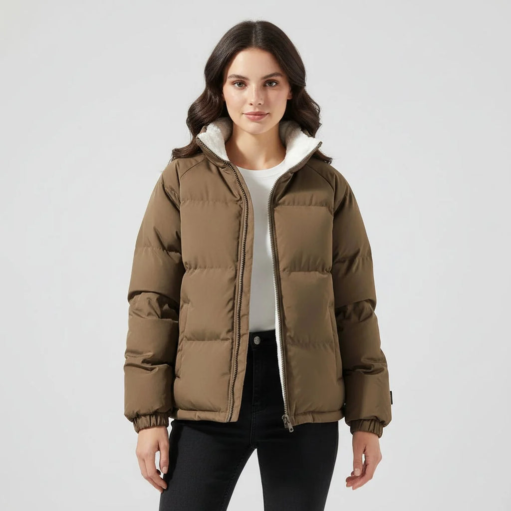 Women's brown hooded puffer jacket with fleece lining for cold days