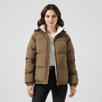 Women's brown hooded puffer jacket with fleece lining for cold days