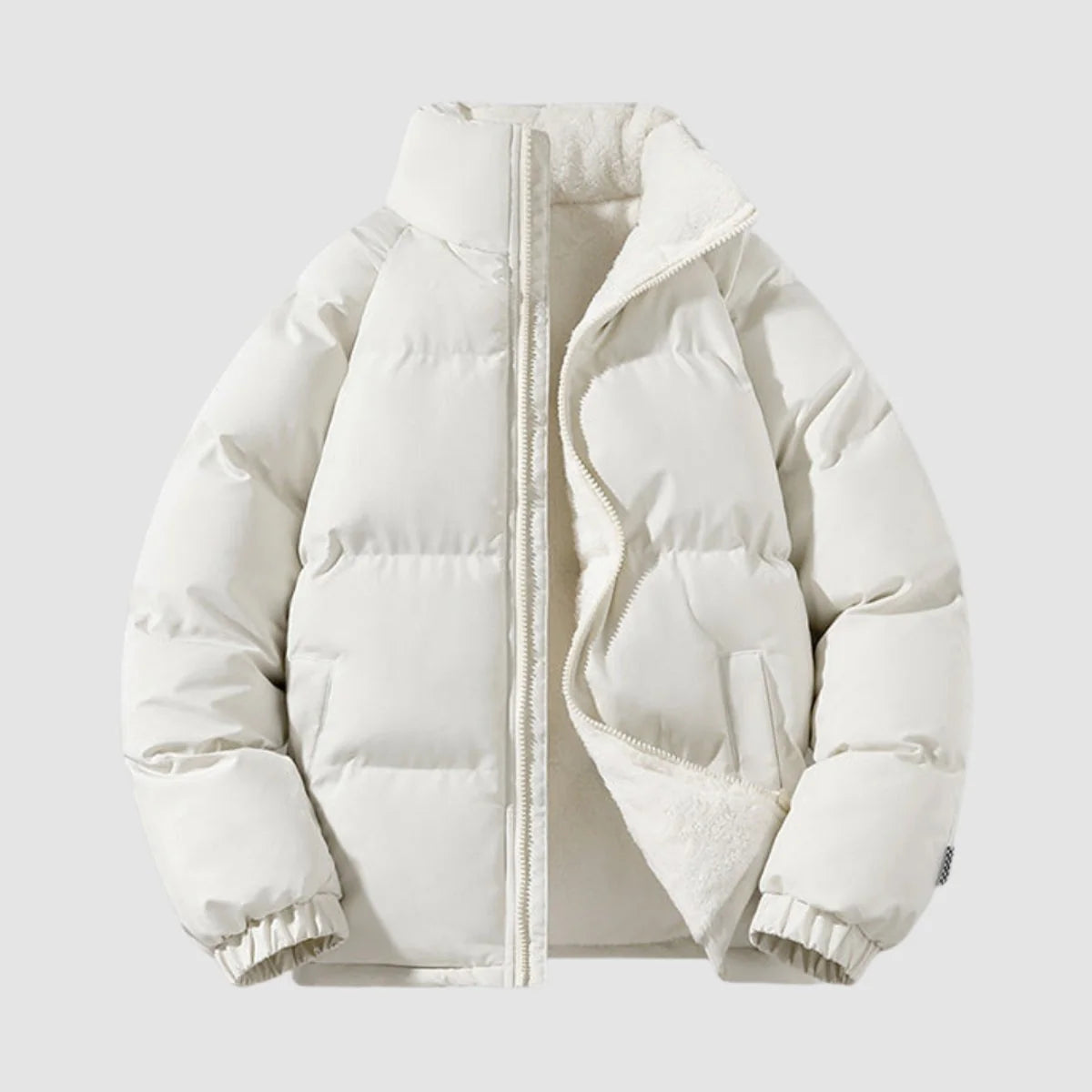 Women's black hooded puffer jacket with fleece lining for cold days