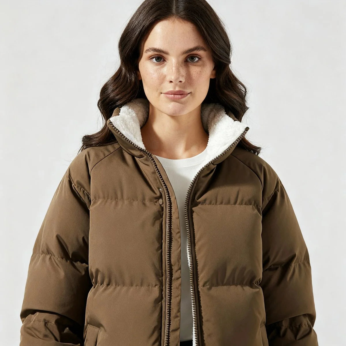 Women's beige hooded puffer jacket with fleece lining for cold days