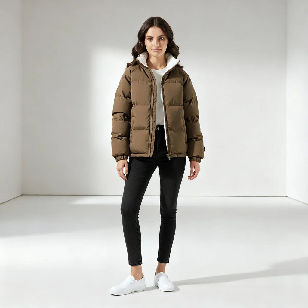 Women's beige hooded puffer jacket with fleece lining for cold days
