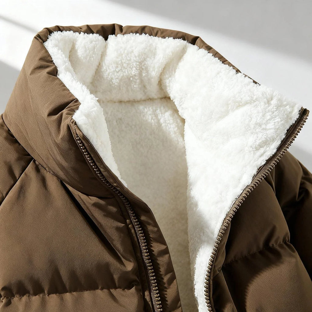Women's green hooded puffer jacket with fleece lining for cold days