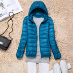 Women's lake blue lightweight packable hooded puffer jacket for winter