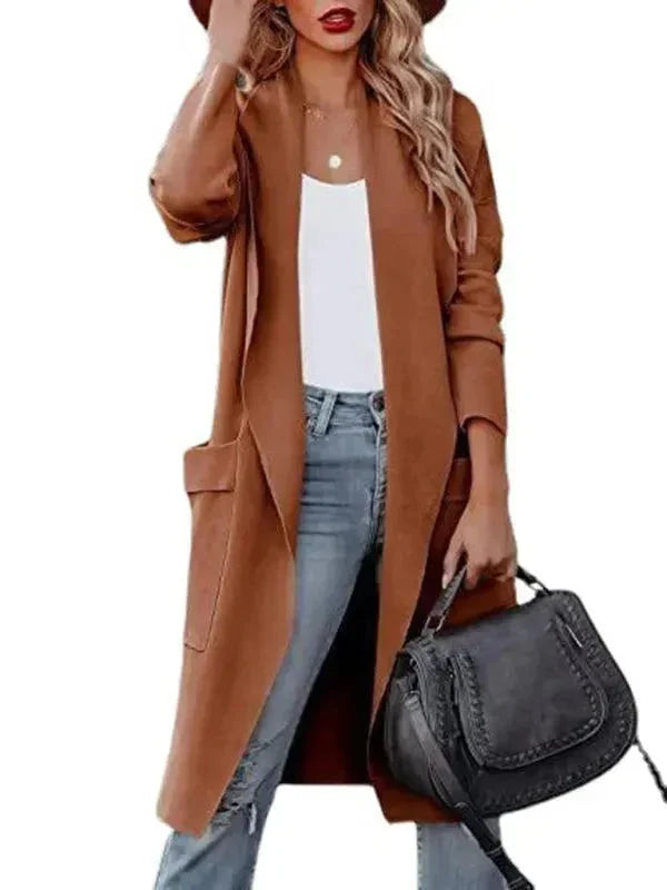 Women's blue open front longline cardigan with pockets this winter
