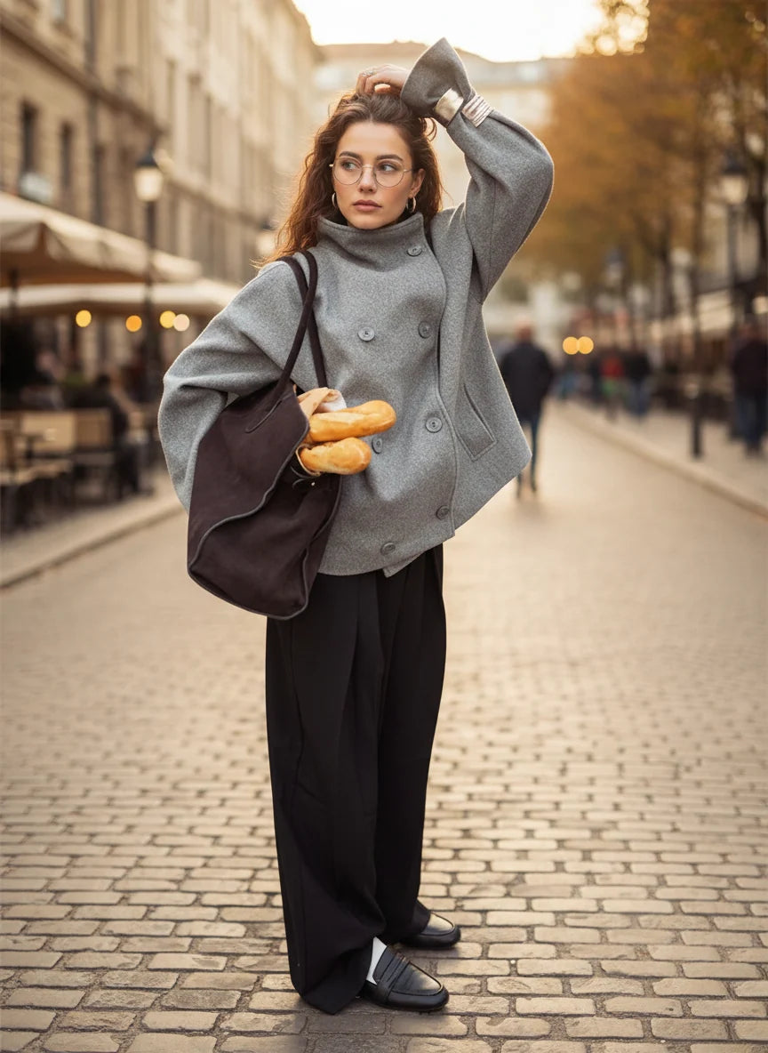 Women's grey oversized double-breasted jacket with stand collar