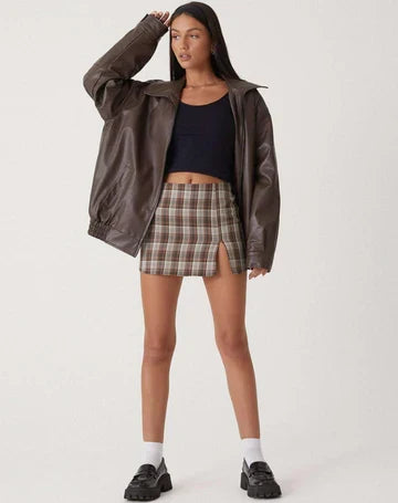 Women's brown oversized leather jacket with collar for the season