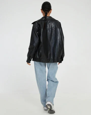 Women's black oversized leather jacket with collar for the season