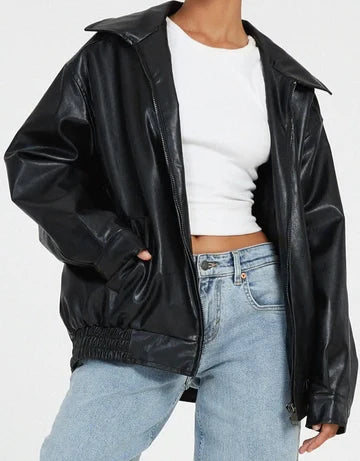 Women's black oversized leather jacket with collar for the season