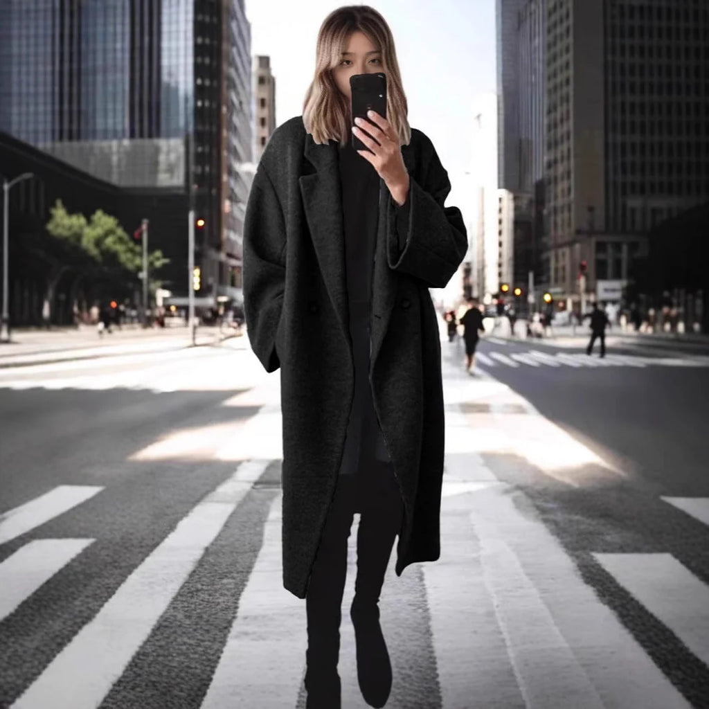 Women's black oversized double-breasted longline coat for autumn wear