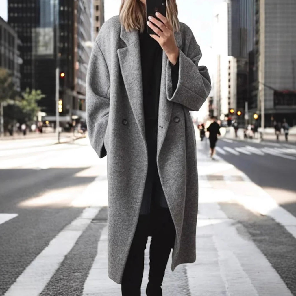 Women's grey oversized double-breasted longline coat for autumn wear