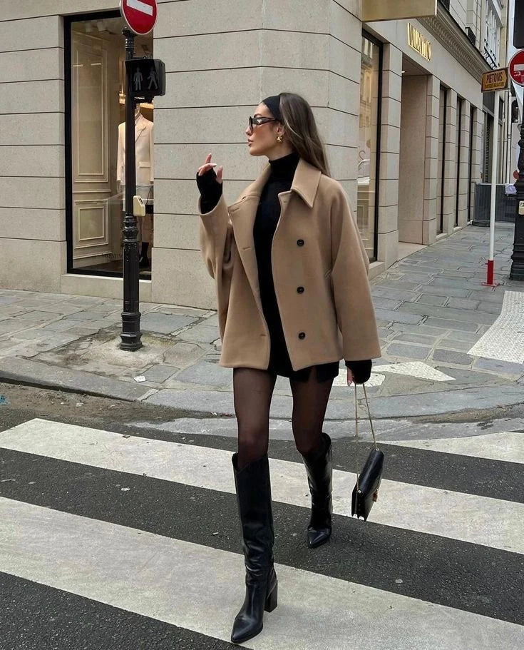 Women's beige oversized single-breasted wool coat for winter wear