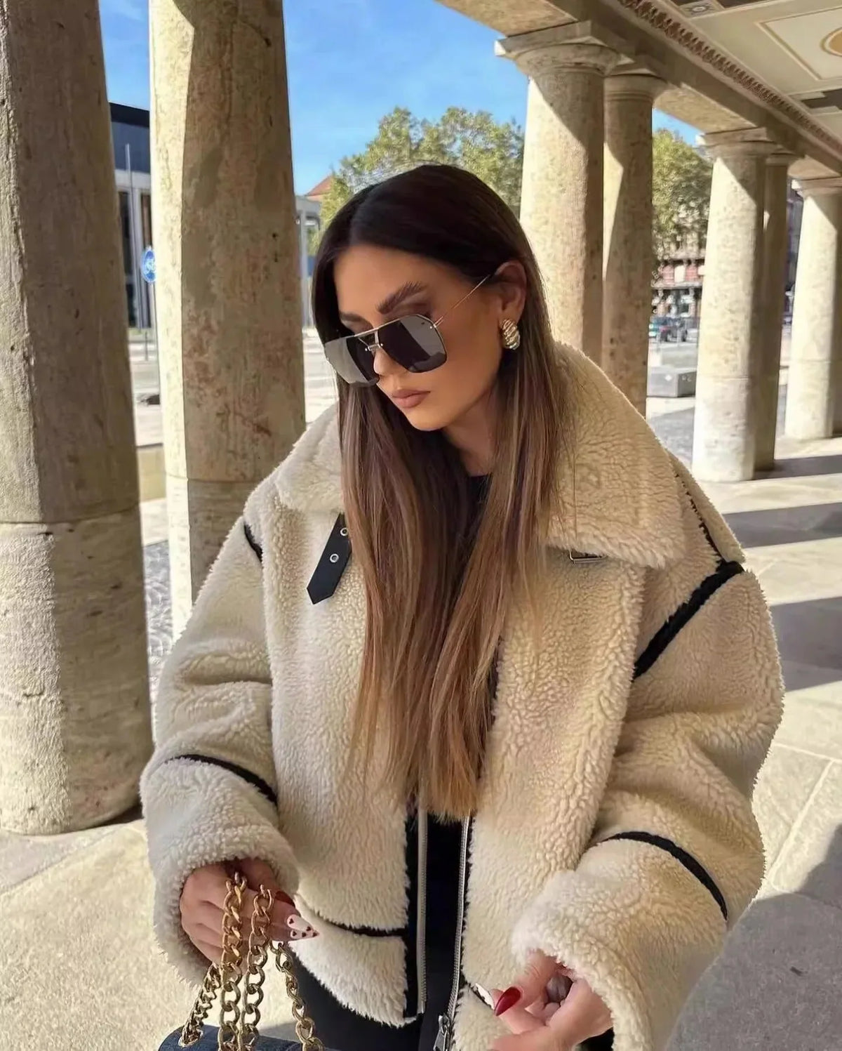 Women's cream oversized teddy jacket with contrast trim for autumn
