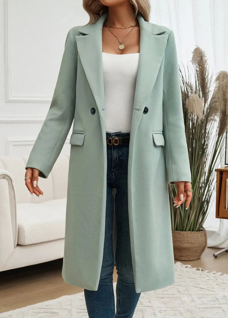 Women's sage green oversized trench coat with notched lapel and belt