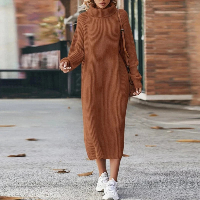 Women's brown ribbed turtleneck midi dress with long sleeves for winter