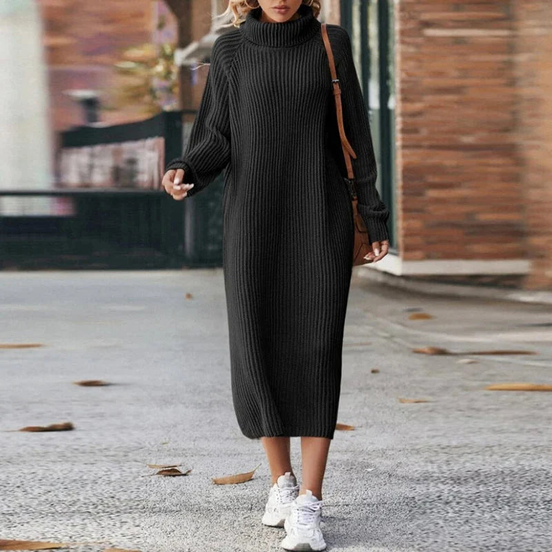 Women's black ribbed turtleneck midi dress with long sleeves for winter