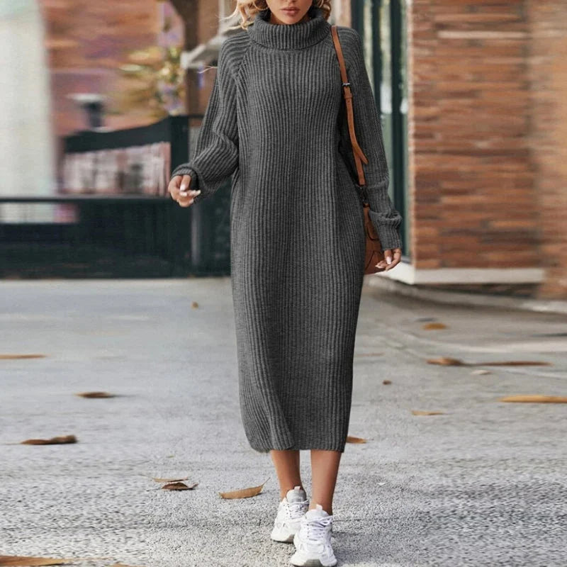 Women's grey ribbed turtleneck midi dress with long sleeves for winter