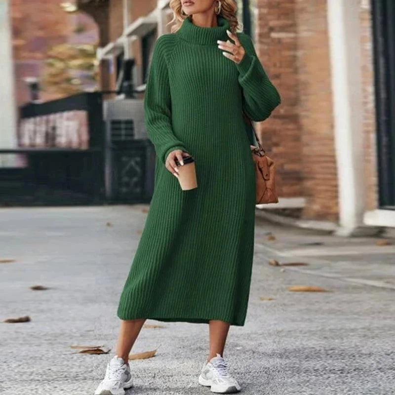 Women's green ribbed turtleneck midi dress with long sleeves for winter