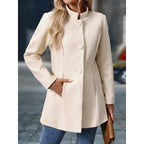 Women's black stand-collar tailored coat with button front for autumn