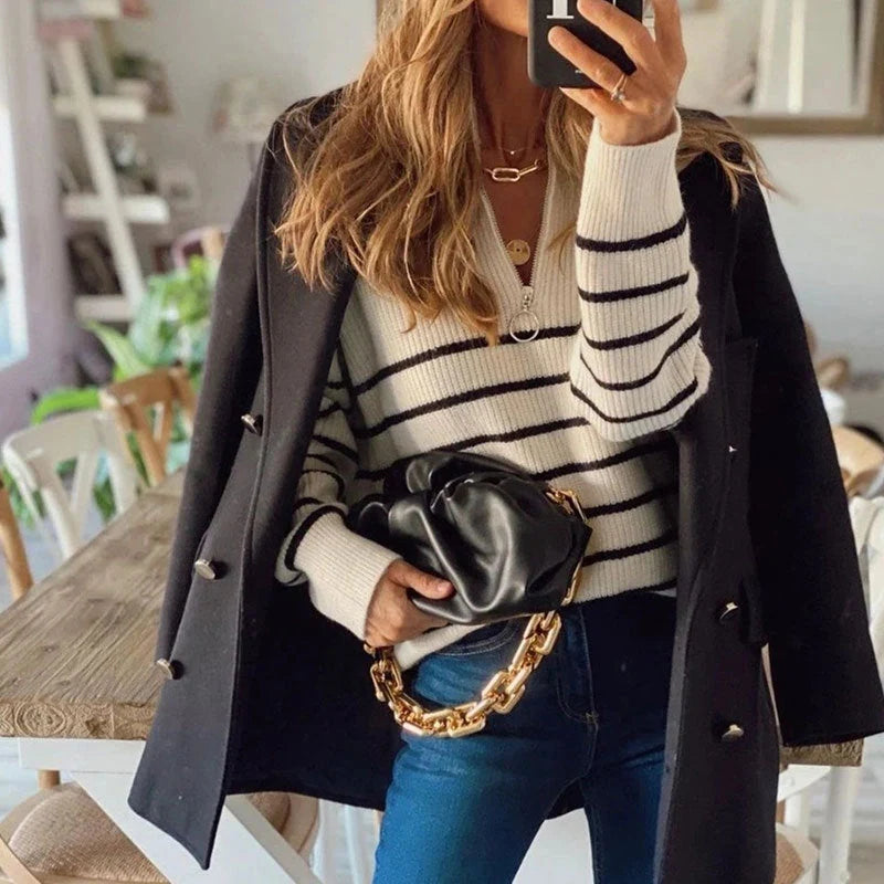 Women's black striped ribbed jumper for cold autumn and winter days