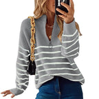 Women's grey striped ribbed jumper for cold autumn and winter days