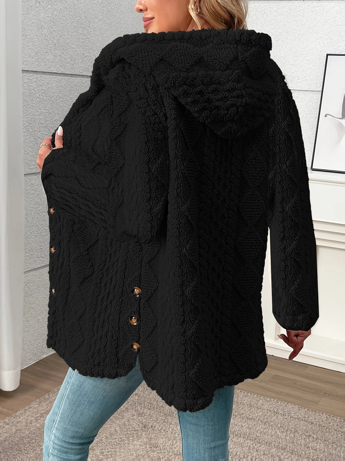 Women's black textured button-front coat for autumn and winter