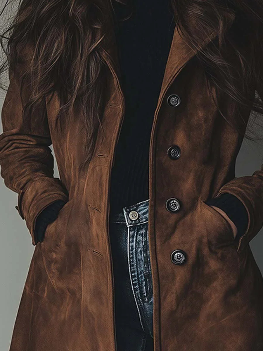 Women's brown suede trench coat with belt for cold weather wear