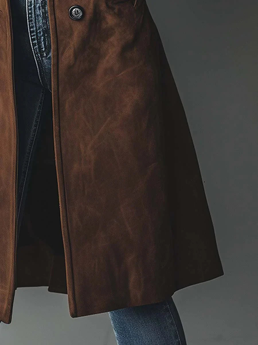 Women's brown suede trench coat with belt for cold weather wear