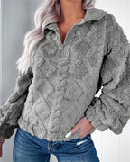 Women's grey zip-neck fleece pullover for the autumn and winter season