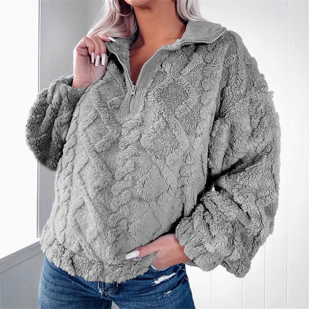 Women's grey zip-neck fleece pullover for the autumn and winter season