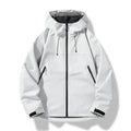 Men's white all-weather hooded shell jacket for cold weather wear