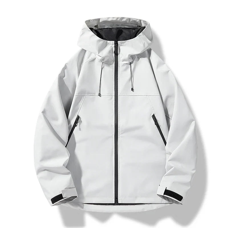 Men's white all-weather hooded shell jacket for cold weather wear