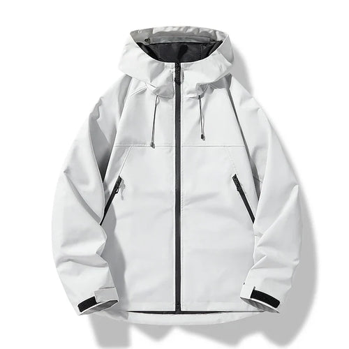 Men's white all-weather hooded shell jacket for cold weather wear