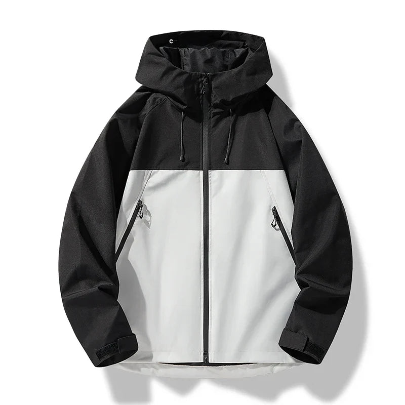 Men's black white all-weather hooded shell jacket for cold weather wear