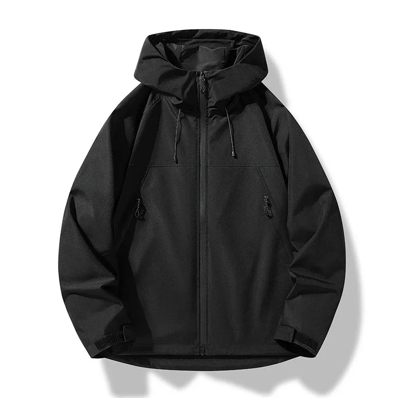 Men's black all-weather hooded shell jacket for cold weather wear