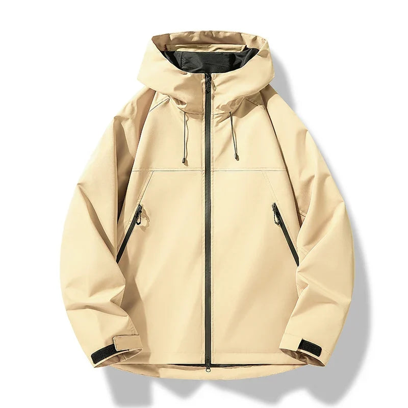 Men's yellow all-weather hooded shell jacket for cold weather wear