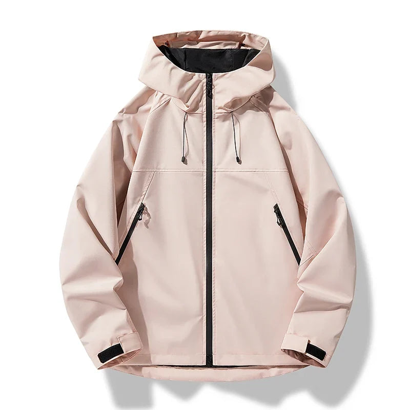 Men's pink all-weather hooded shell jacket for cold weather wear